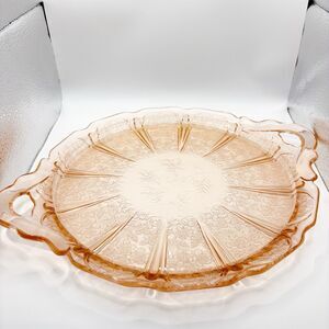 1930’s Pink Depression Glass Cake Plate Cherry Blossom Jeannette Glass Company